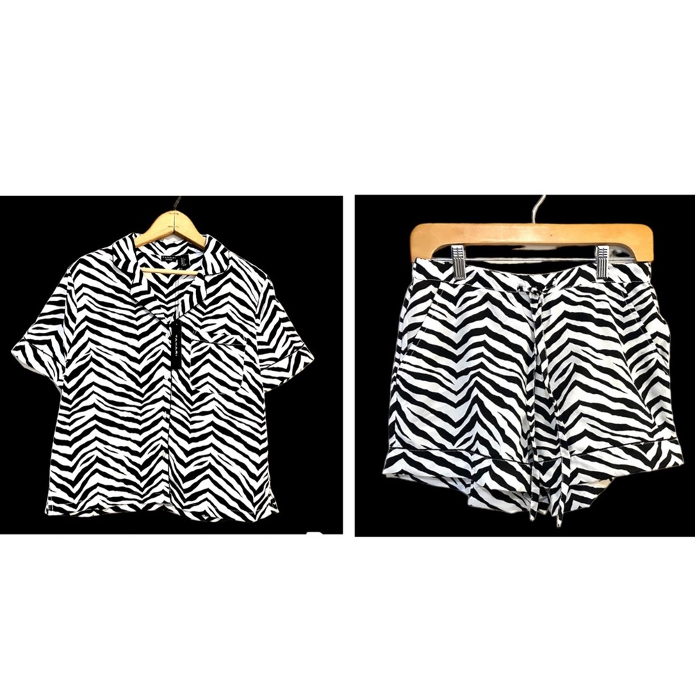 Tahari Satin Pajamas Small Zebra Print Black & White Short Sleeve & Shorts NEW